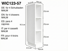 Hohes, schmales weißes KraftKids Stauraumregal für Wickeltisch, passend für 3 oder 4 IKEA MALM Kommode Schubladen. Modell WIC123-57 mit Zentimetermaßen und Übersetzungen in Deutsch, Englisch, Spanisch, Italienisch und Französisch angezeigt.