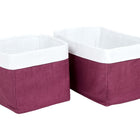 Zwei rechteckige KraftKids Körbchen Leinen magenta dunkel, ein großes und ein kleines, mit kastanienbraunen Seiten und weißem Rand entlang der Oberseite, sind nebeneinander vor einem weißen Hintergrund platziert und zeigen ihre stilvolle Leinenoptik.