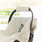 Eine KraftKids Babydecke für Babyschale Sommer aus Musselin mit gelbem Zitronen-Print liegt in einer Babyschale vor einem Fenster mit weißen Jalousien und Sonnenlicht.