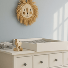 In einem Kinderzimmer stehen eine weiße Kommode mit dem KraftKids Wickelaufsatz weiß zum Quer-Wickeln für breite und schmale HEMNES Kommode, ordentlich gefaltete Handtücher, ein Holzspielzeugpferd und ein dekorativer Wandbehang mit Löwengesicht an der hellblauen Wand.