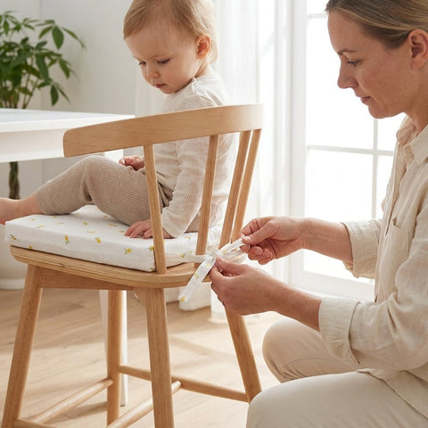 Ein Erwachsener bindet ein KraftKids Sitzkissen für Stühle aus Musselin an einen Holzstuhl, auf dem ein kleines Kind in einem hellen, stilvollen Esszimmer mit hellem Dekor sitzt, das Komfort und Design betont.