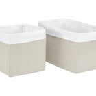 Zwei rechteckige KraftKids Körbchen Leinen Natur Braun, ein kleines und ein großes, nebeneinander auf weißem Grund - ideal für stilvolle Aufbewahrung am Wickeltisch.